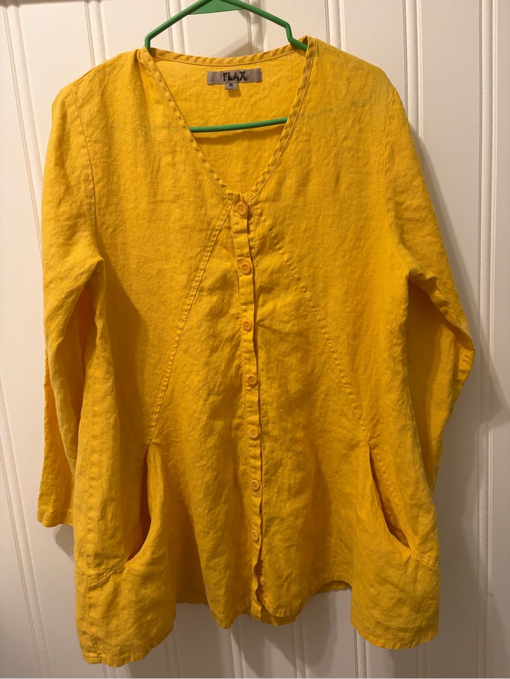 FLAX Womens S 100% Linen Golden Yellow Button Front Top Lagenlook Pockets